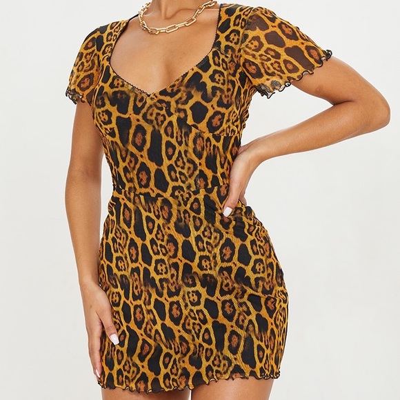 Pretty Little Thing Brown Leopard Print Exposed Stitch Detail Mesh Shift Dress - Picture 1 of 8